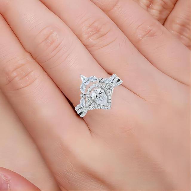 Prata esterlina Moissanite Gravação personalizada e anel de noivado de casal-1