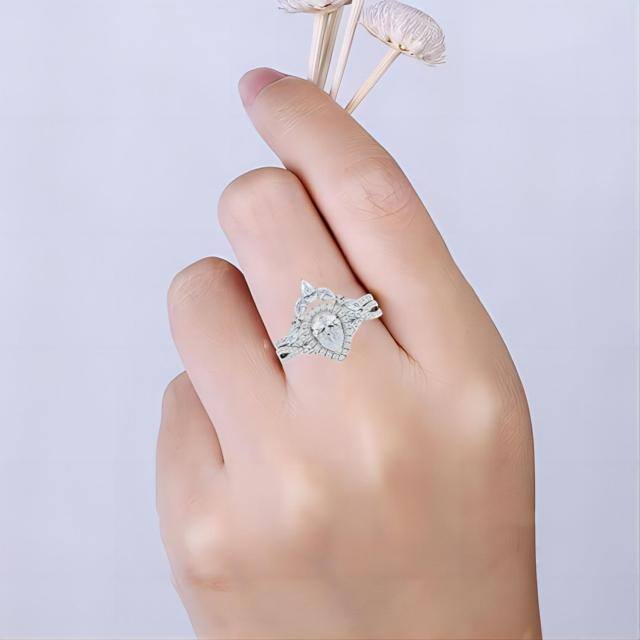 Prata esterlina Moissanite Gravação personalizada e anel de noivado de casal-2