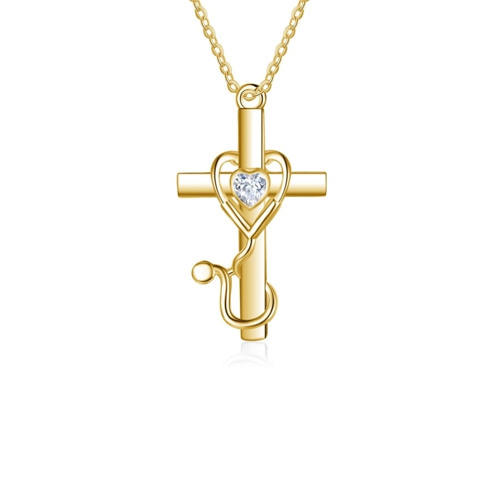 Collier en or 14K avec pendentif croix et stéthoscope en zircon cubique en forme de coeur-1