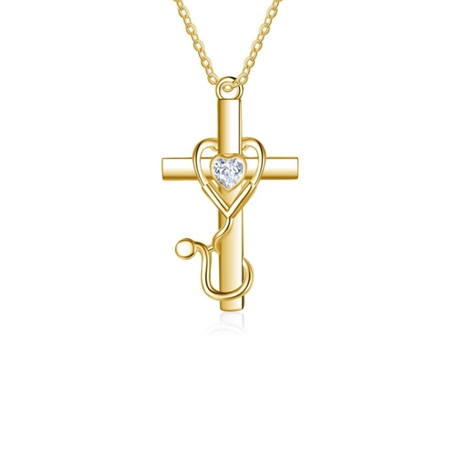 14K Gold Heart Cubic Zirconia Cross & Stethoscope Pendant Necklace-0