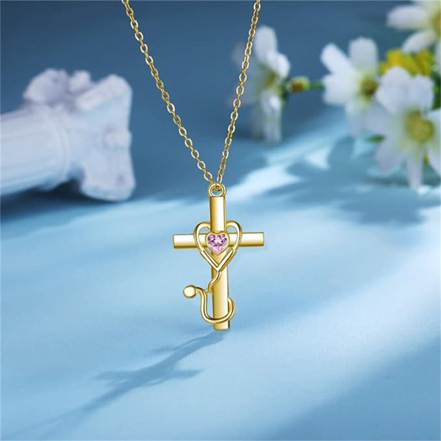 14K Gold Heart Cubic Zirconia Cross & Stethoscope Pendant Necklace-2