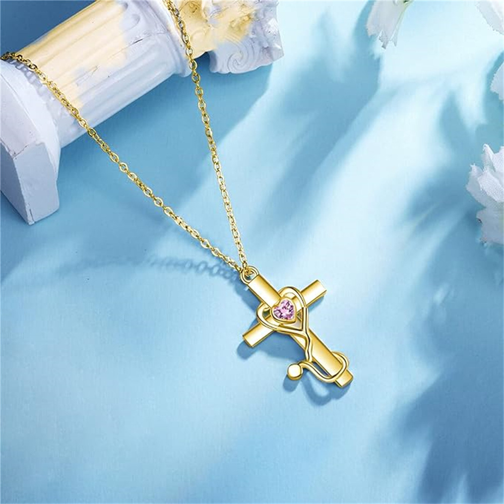 14K Gold Herz Cubic Zirkonia Kreuz & Stethoskop Anhänger Halskette-4