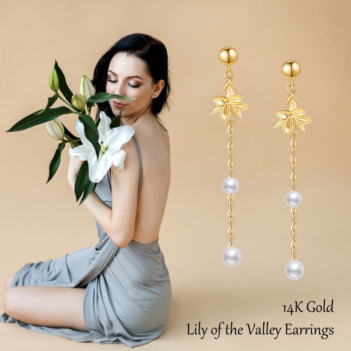 14K Gold Pearl Lily Drop Earrings-6