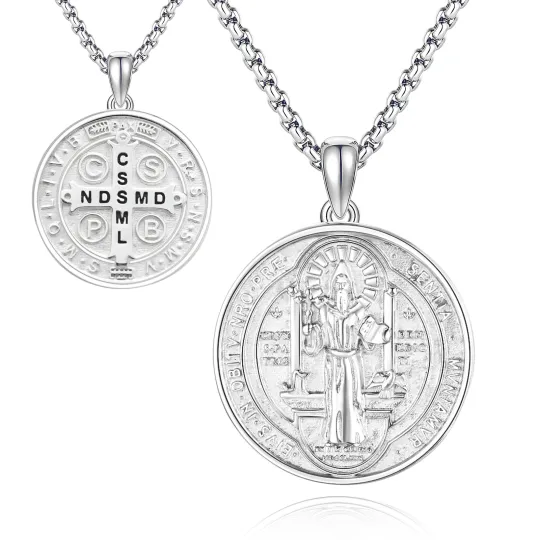 Collier en argent sterling avec pendentif Saint Benoît pour hommes