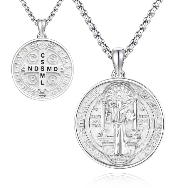 Sterling Silver Saint Benedict Pendant Necklace for Men-0