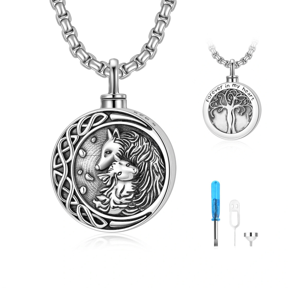 Sterling Silber Wolf & Baum des Lebens & keltischen Knoten Urne Halskette für Männer-1