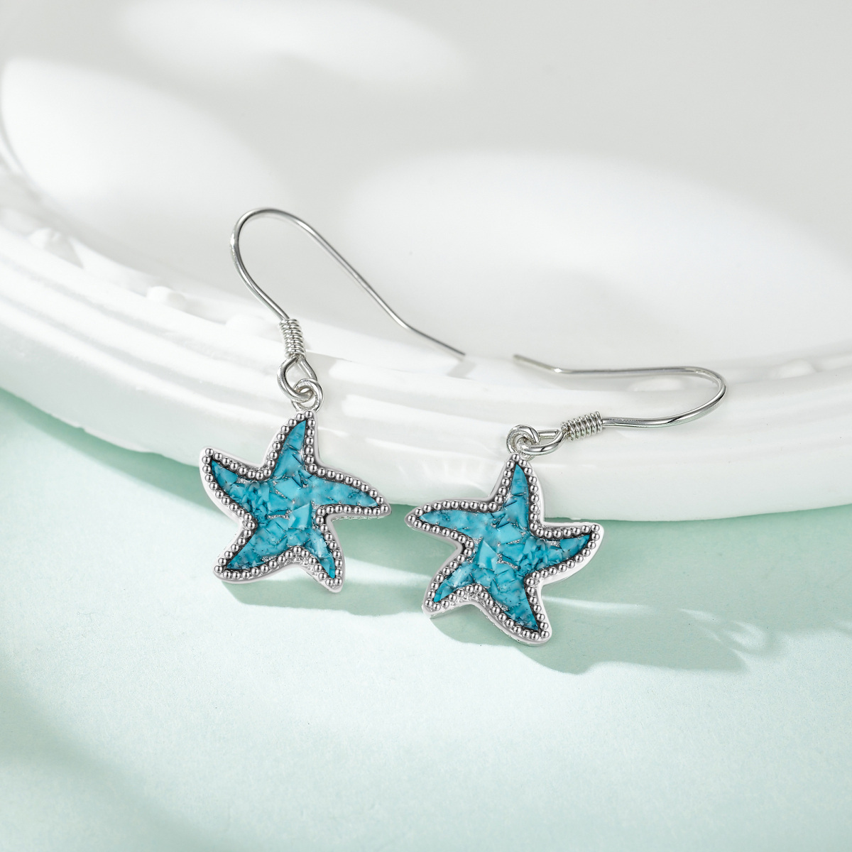 Boucles d'oreilles pendantes étoile de mer turquoise en argent sterling-3