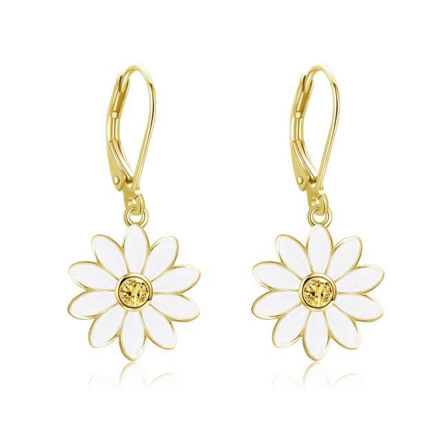 Sterling Silver with Yellow Gold Plated Circular Shaped Cubic Zirconia Daisy Drop Earrings-0