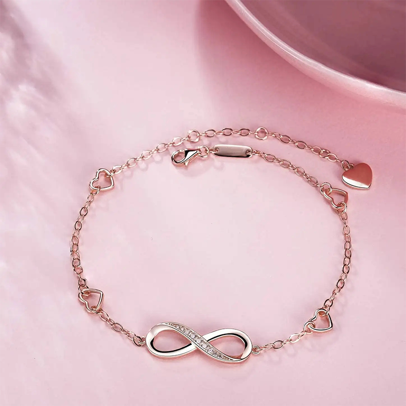 Pulsera de plata de ley con circonita chapada en oro rosa Símbolo Infinito Colgante-3