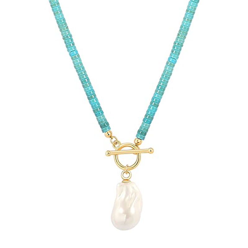 Sterling Silver with Yellow Gold Plated Pearl & Turquoise Pendant Necklace-1