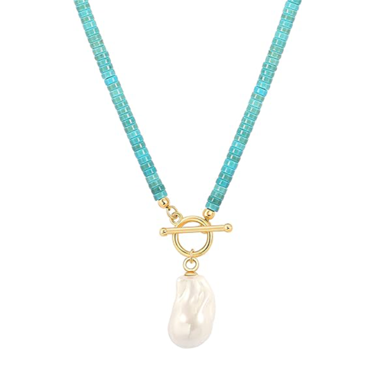Sterling Silver with Yellow Gold Plated Pearl & Turquoise Pendant Necklace