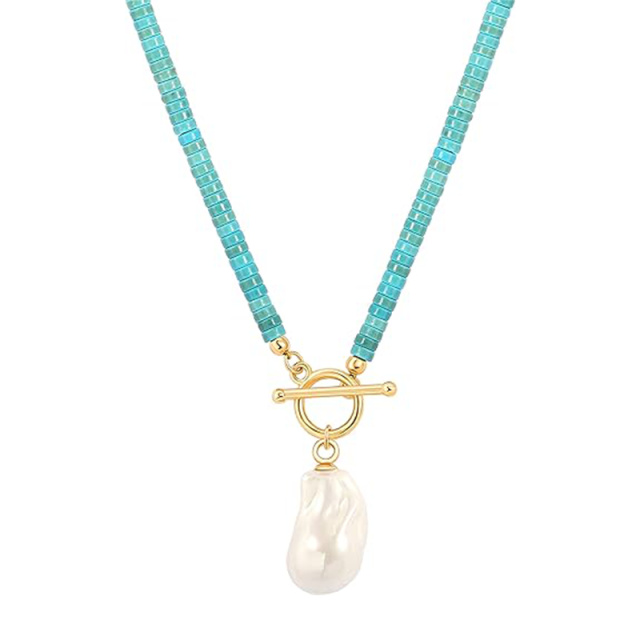 Collier pendentif en argent sterling avec perle turquoise plaquée or jaune-0