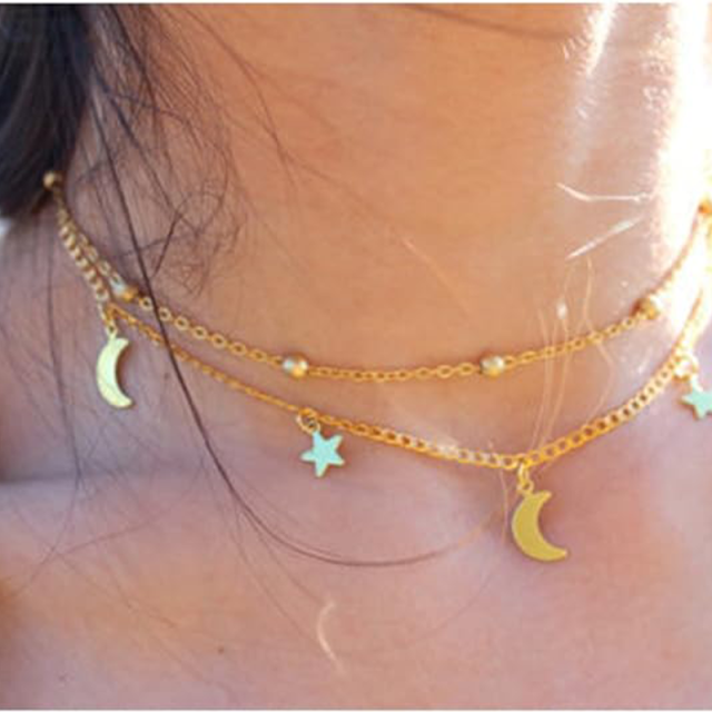 Sterling Silver with Yellow Gold Plated Moon & Star Metal Choker Necklace-1
