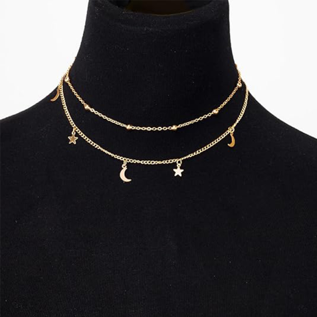 Sterling Silver with Yellow Gold Plated Moon & Star Metal Choker Necklace-2