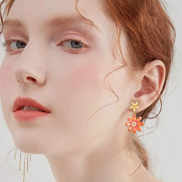 Orange Glaze Zircon Flower Earrings Sterling Silver Gifts for Women-1