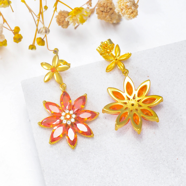 Orange Glaze Zircon Flower Earrings Sterling Silver Gifts for Women-2