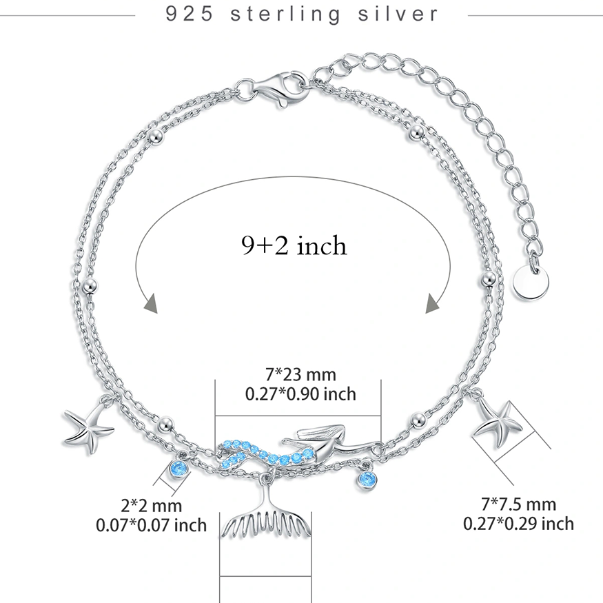Bracelet de cheville multicouche en forme de sirène en cristal de forme circulaire en argent sterling-4