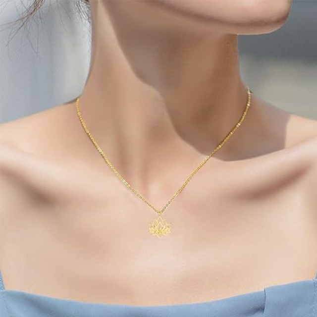Halskette mit Lotus-Anhänger aus 14 Karat Gold, 14 Karat echtes Gold, Lotusblüten-Halskette, Geschenk für Frauen-1