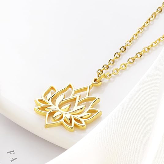 Collar con colgante de loto de oro de 14 quilates, collar de flor de loto de oro real de 14 quilates, regalo para mujeres-2