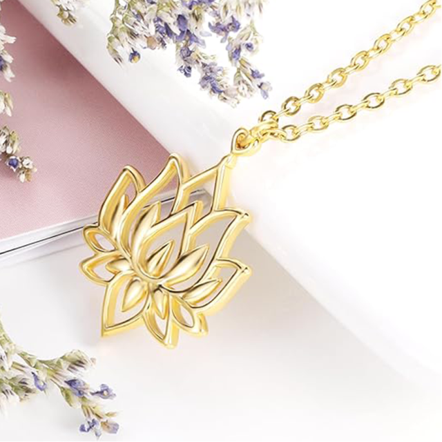 Halskette mit Lotus-Anhänger aus 14 Karat Gold, 14 Karat echtes Gold, Lotusblüten-Halskette, Geschenk für Frauen-3