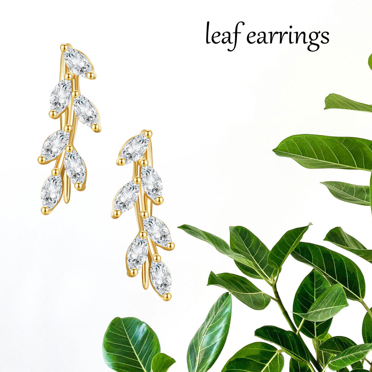 14K Gold Marquise Shaped Cubic Zirconia Leaves Climber Earrings-6