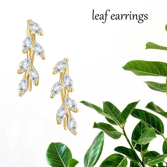 14K Gold Marquise Shaped Cubic Zirconia Leaves Climber Earrings-5