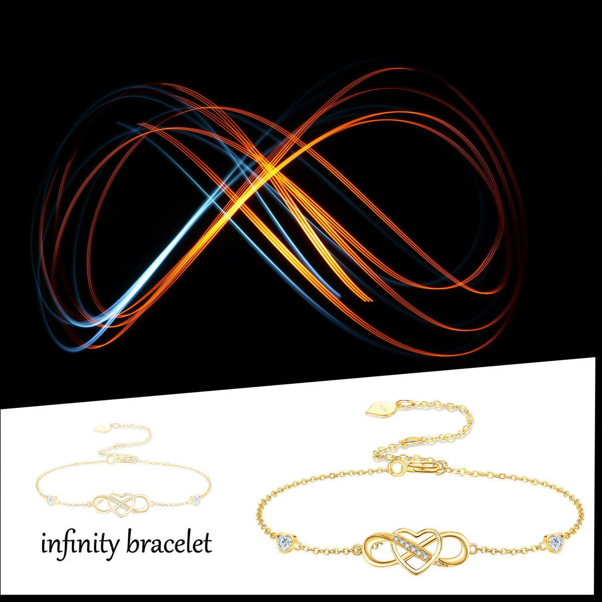 14K Gold Circular Shaped & Heart Shaped Cubic Zirconia Heart & Infinity Symbol Pendant Bracelet-6