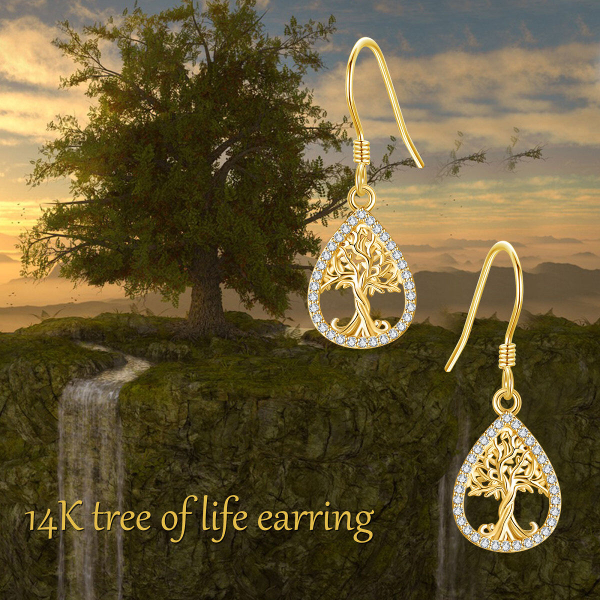 14K Gold Circular Shaped Cubic Zirconia Tree Of Life Drop Earrings-6