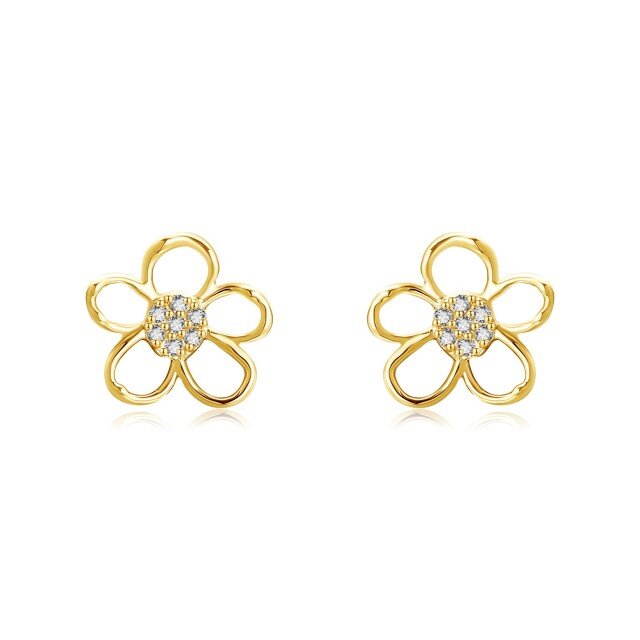 14K Gold Cubic Zirconia Wildflowers Stud Earrings-1