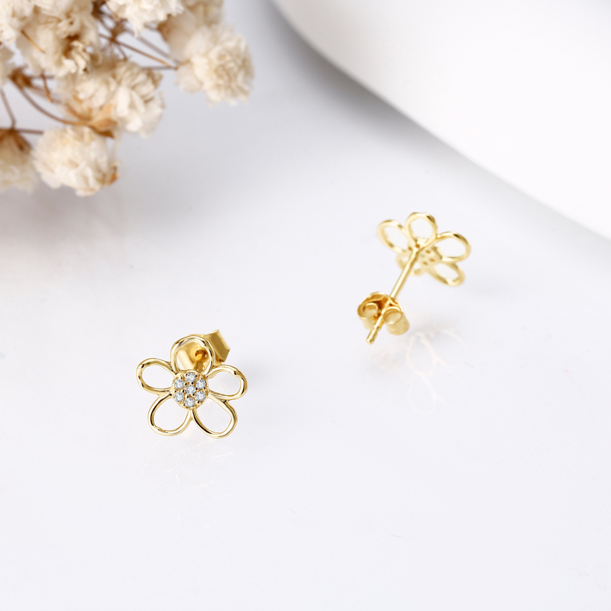 14K Gold Cubic Zirconia Wildflowers Stud Earrings-2