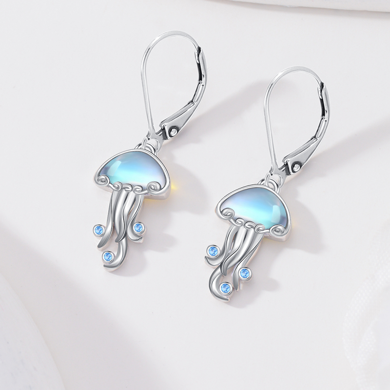 Sterling Silver Moonstone Jellyfish Lever-back Earrings-3