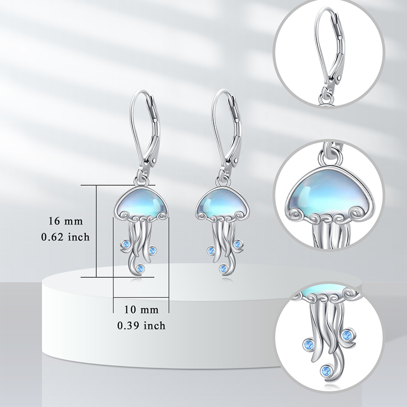 Sterling Silver Moonstone Jellyfish Lever-back Earrings-4