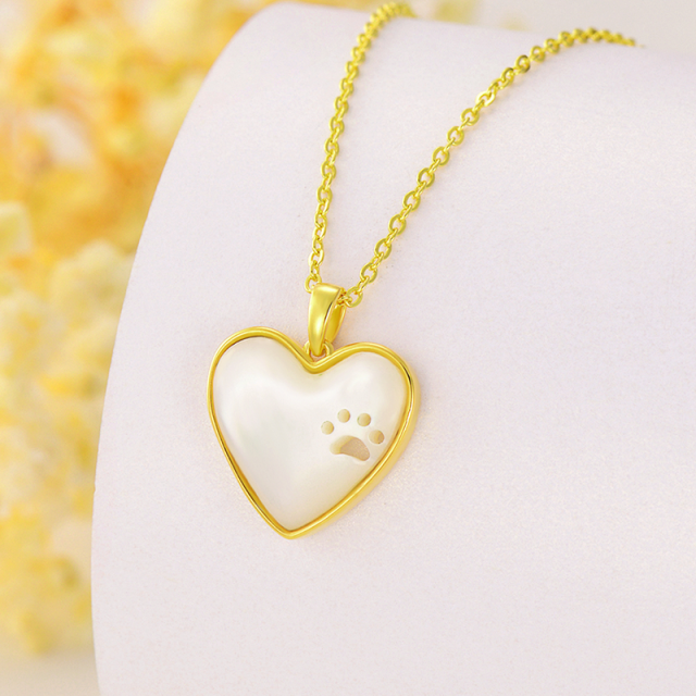 14K Gold Heart Shaped Mother Of Pearl Heart Pendant Necklace-2