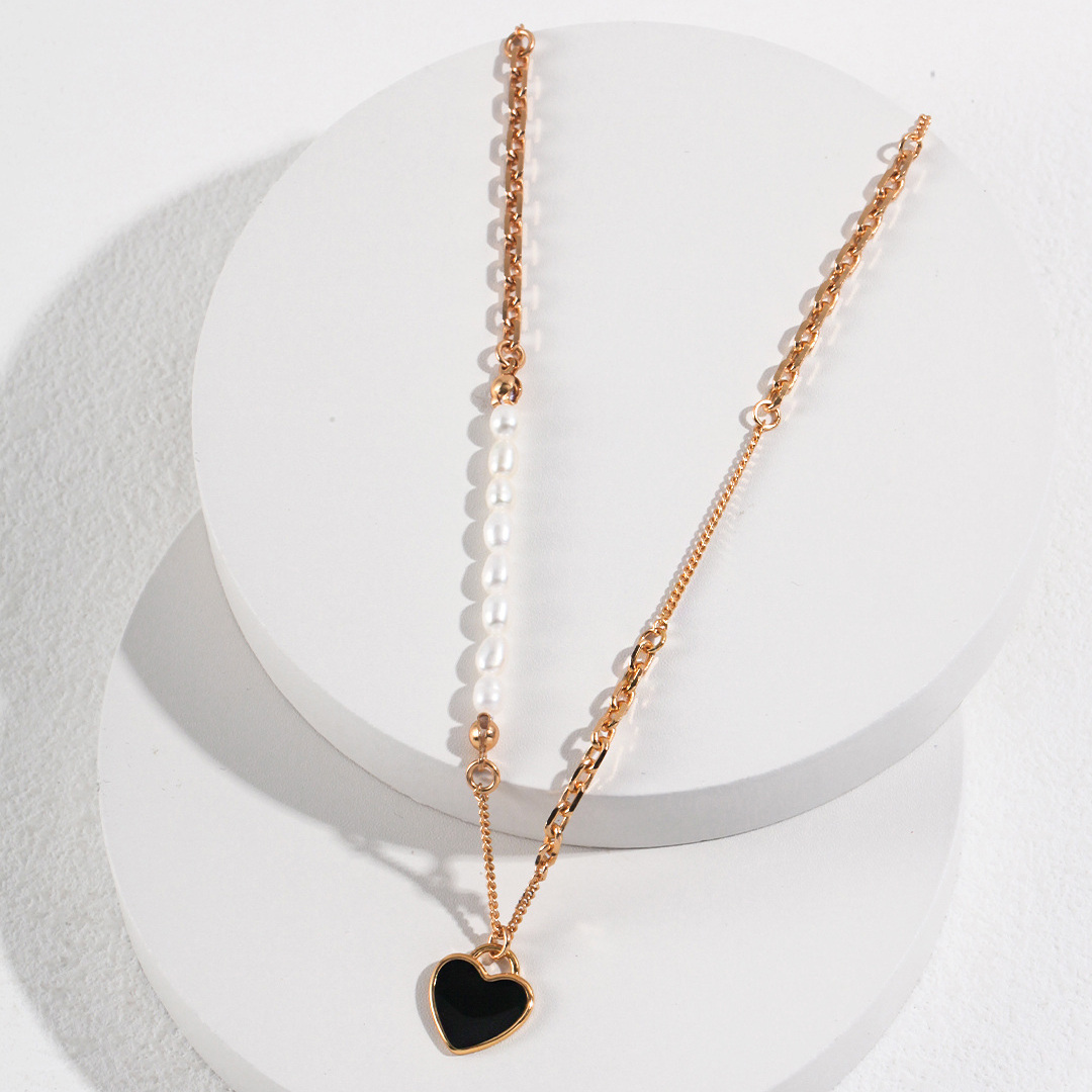 Collier ras du cou en métal avec cœur et perles de forme ovale en argent sterling-3