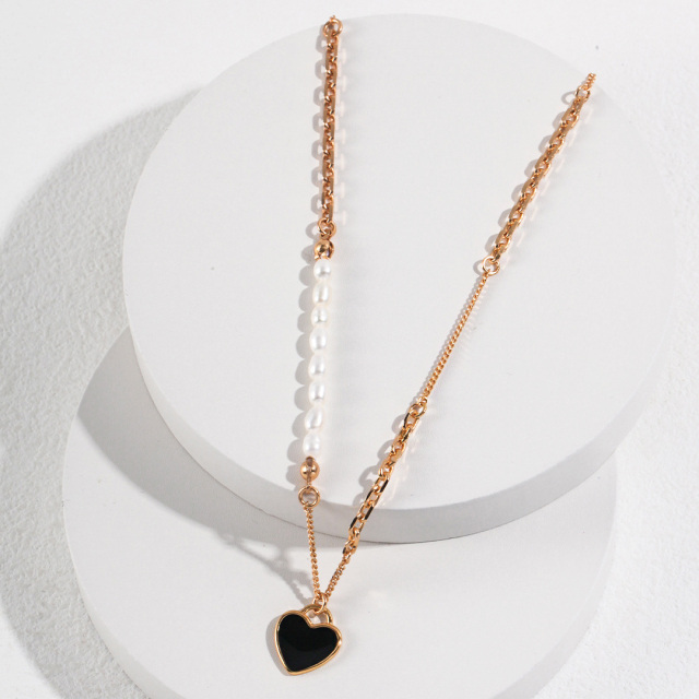 Collier ras du cou en métal avec cœur et perles de forme ovale en argent sterling-2