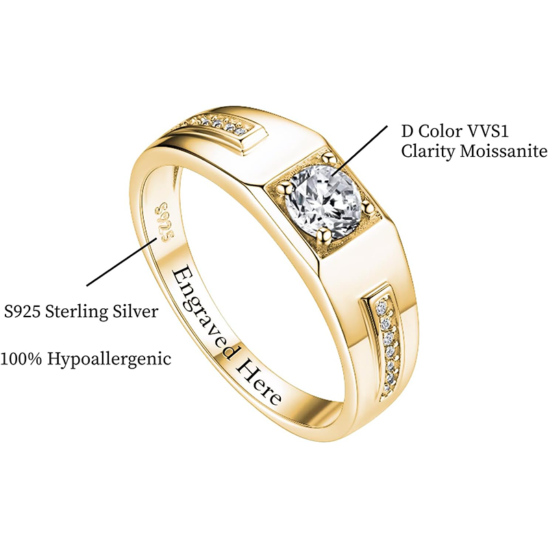 Sterling Silver with Yellow Gold Plated Moissanite Personalized Engraving Engagement Ring for Men-3