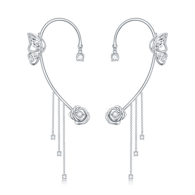 Sterling Silver Circular Shaped Cubic Zirconia Butterfly & Rose Cuff Earrings-1