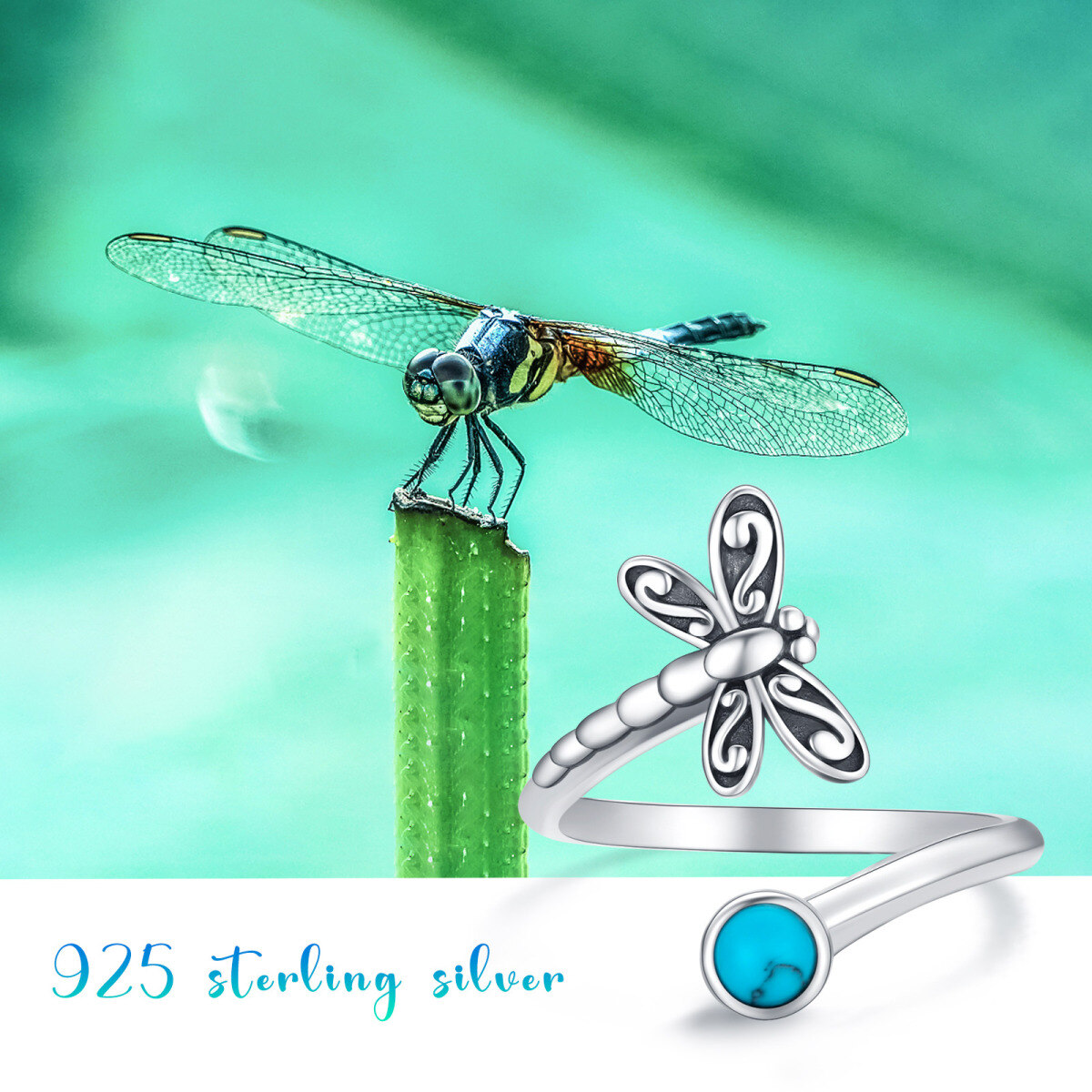 Sterling Silver Turquoise Dragonfly Open Ring-5