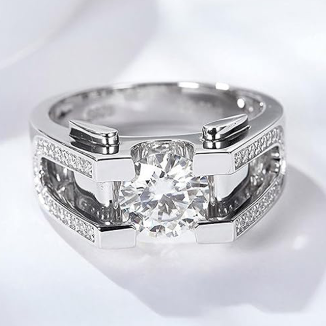 Sterling Silver Circular Shaped Moissanite Engagement Ring for Men-3