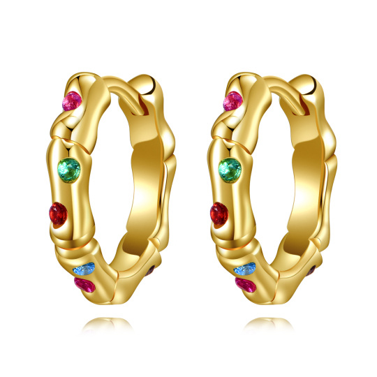Sterling Silver with Yellow Gold Plated Circular Shaped Cubic Zirconia Bamboo Hoop Earrings