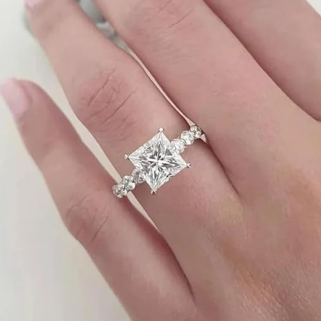 Sterling Silver Circular Shaped & Princess-square Shaped Moissanite Square Engagement Ring-3