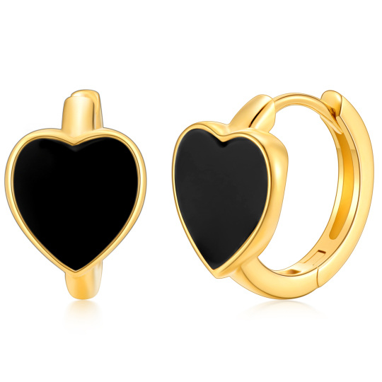 14K Gold Black Agate Heart Hoop Earrings