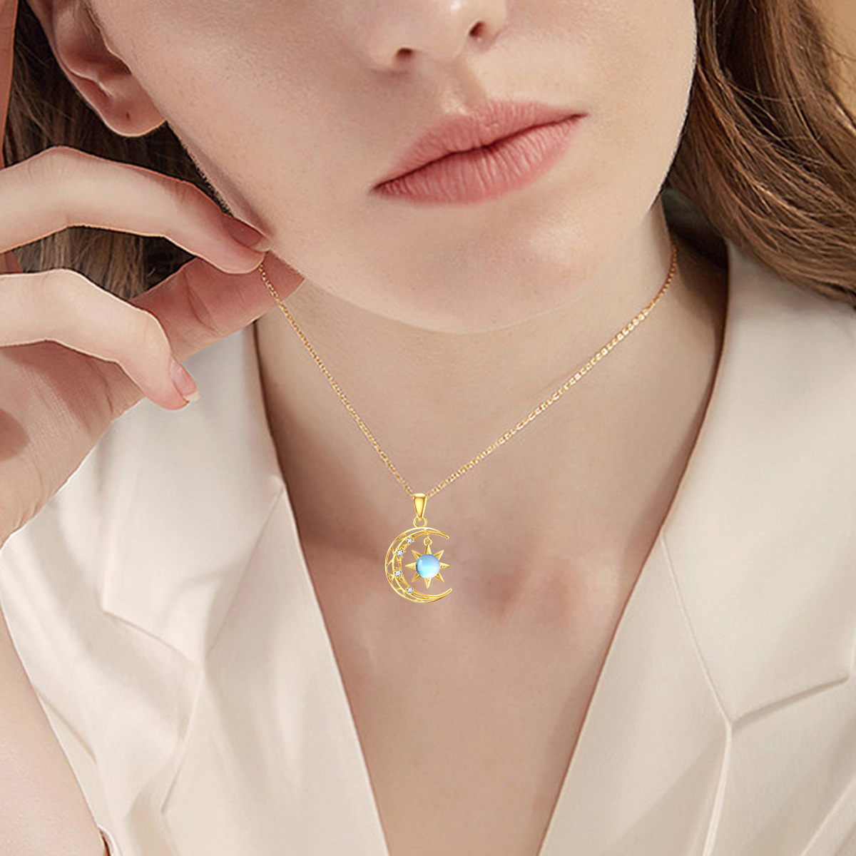 14K Gold Moonstone Moon & Sun Pendant Necklace-2