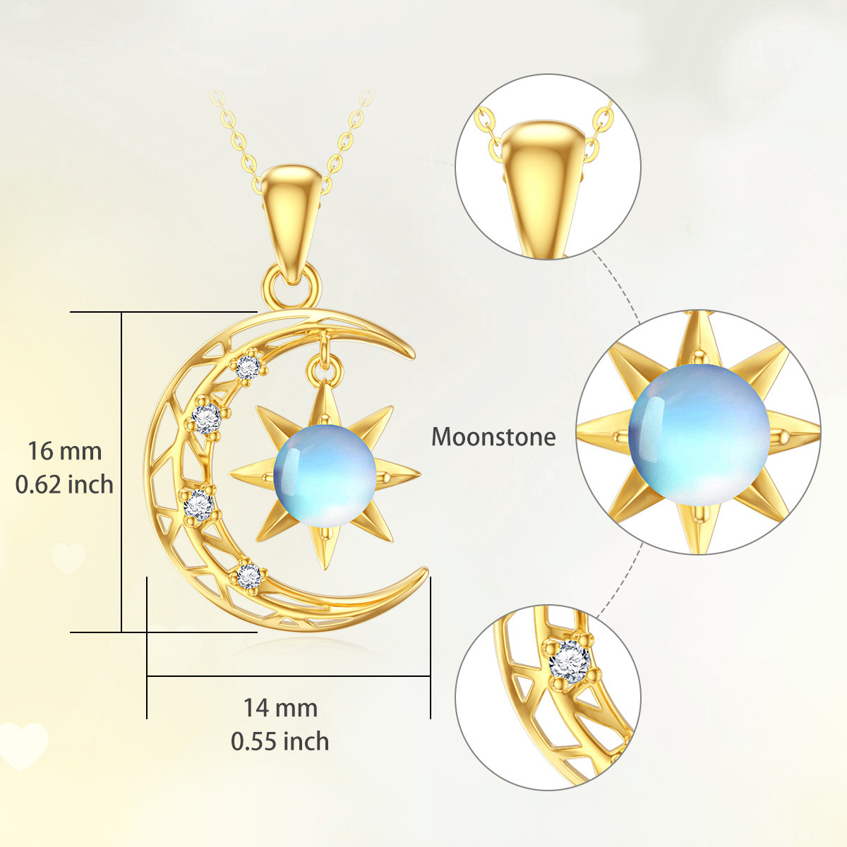 14K Gold Moonstone Moon & Sun Pendant Necklace-5