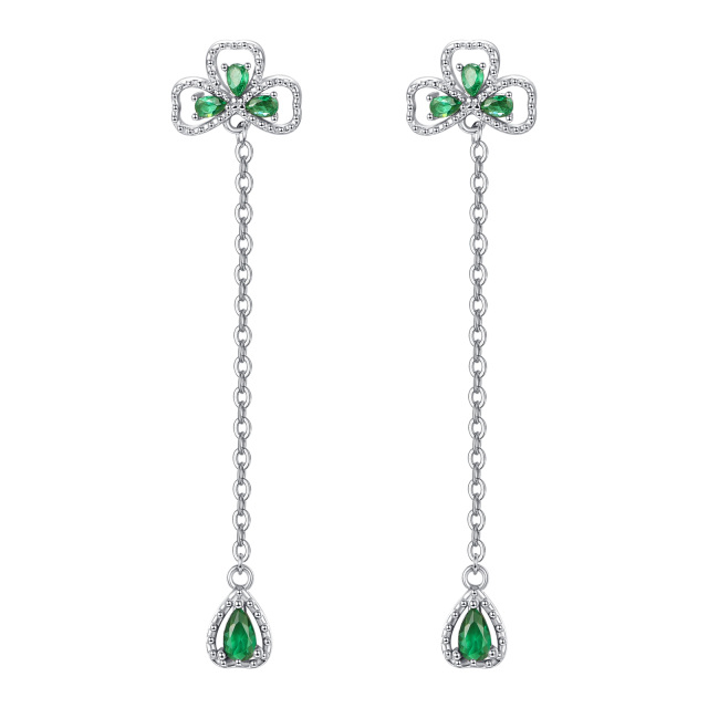 Sterling Silver Cubic Zirconia Four Leaf Clover & Heart Drop Earrings-2