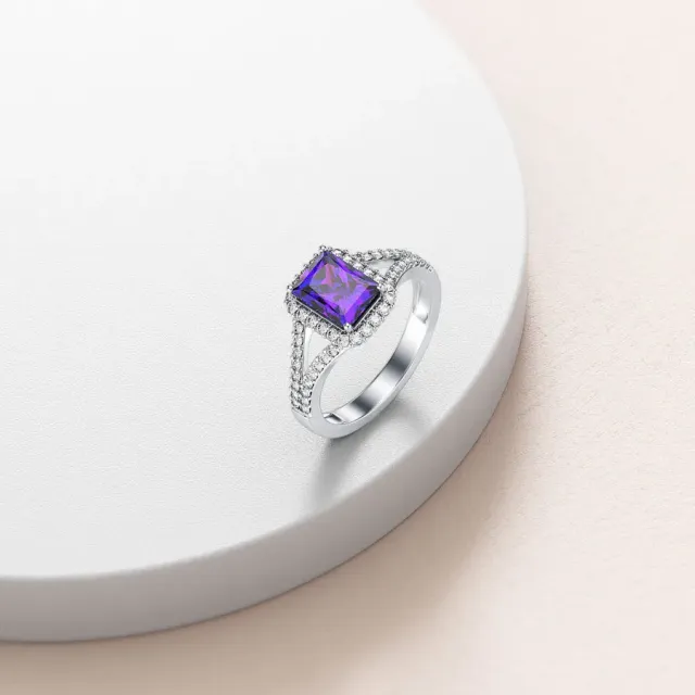 Sterling Silver Princess-square Shaped Amethyst & Round Cubic Zirconia Engagement Ring-3