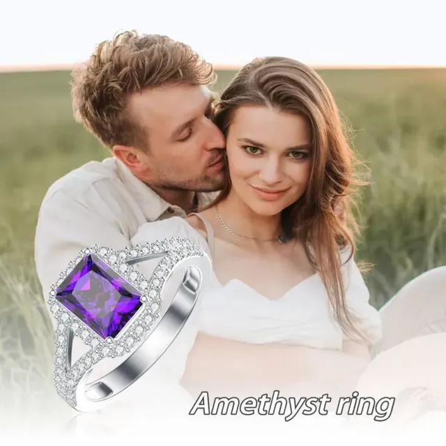 Sterling Silver Princess-square Shaped Amethyst & Round Cubic Zirconia Engagement Ring-4