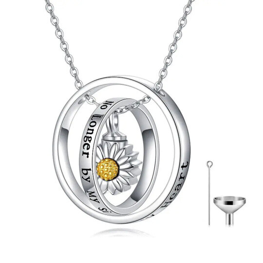 Collier Urne Cercle Rotatif Tournesol Bicolore en Argent Sterling pour Cendres avec Mot Gravé