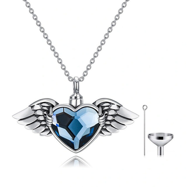 Sterling Silver Heart Shaped Crystal Angel Wing & Heart Urn Necklace for Ashes-5