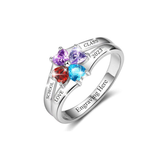 Anillo de plata de ley con circonita cúbica en forma de corazón y piedra natal con grabado personalizado